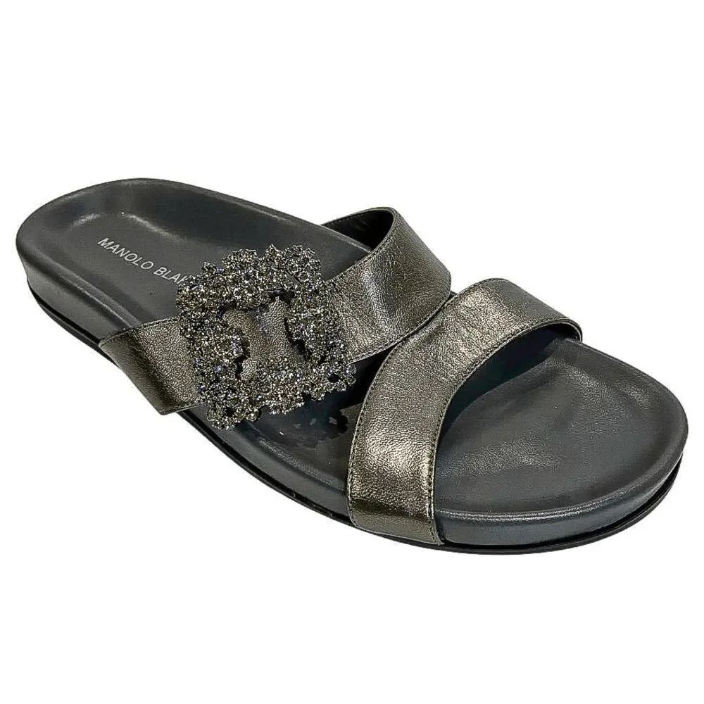 Manolo Blahnik Chilanghi Satin Jewel Buckle Flat Mules Silver EU 39 Slip On